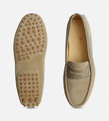 Ecru Sand Suede & Patent Arthur Knight Ladies Italian Driving Moccasins