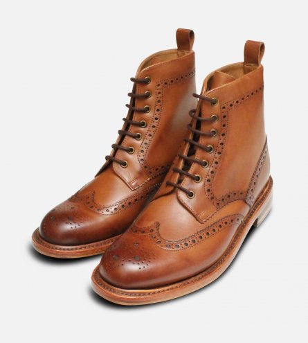 Tan Goodyear Welted Wingtip Brogue Country Boots