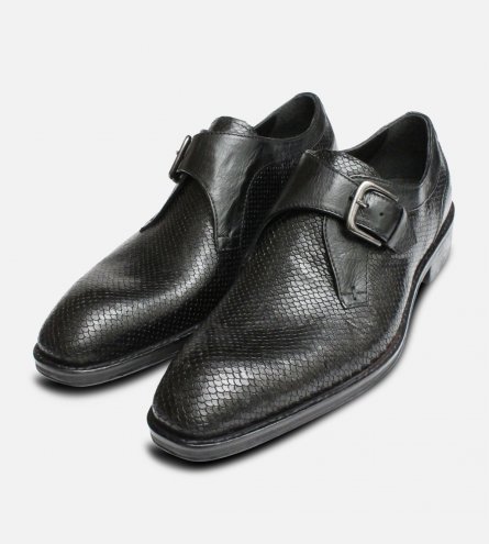 Black Snakeskin Effect Buckle Monk Shoes