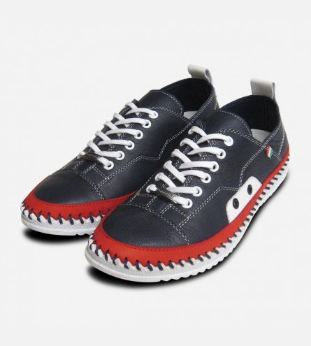 Navy Blue & Red Lace Up Whipstitch Sneakers