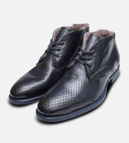 Fur Lined Italian Chukka Boot in Navy Blue Snake