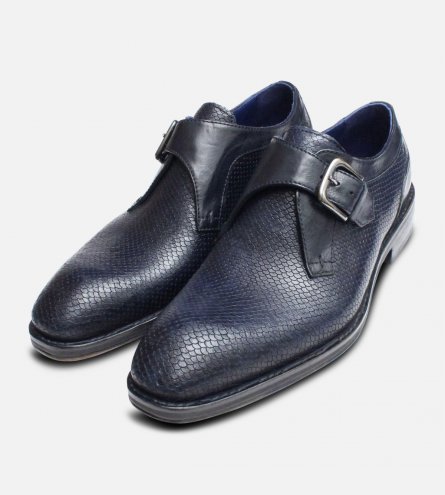 Navy Blue Snakeskin Effect Monk Shoes