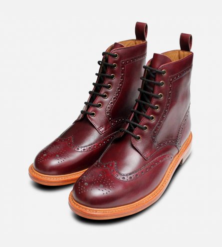 Burgundy Goodyear Welted Wingtip Brogue Country Boots