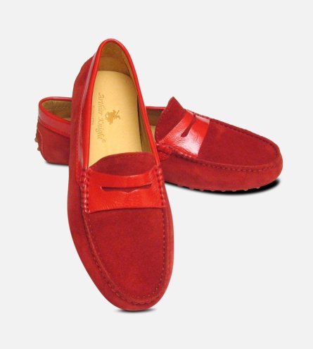 Crimson Red Suede & Patent Arthur Knight Ladies Driving Shoe Moccasins