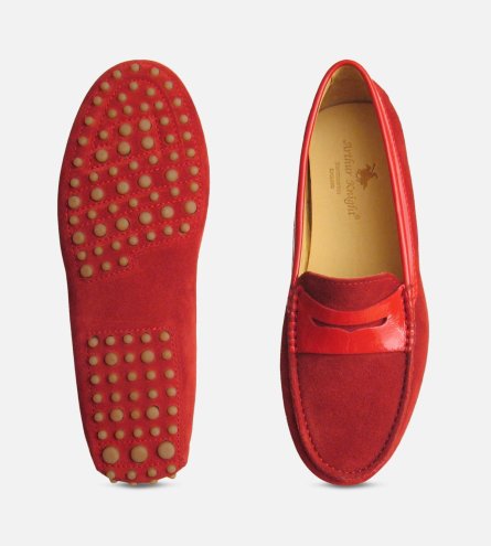 Crimson Red Suede & Patent Arthur Knight Ladies Driving Shoe Moccasins