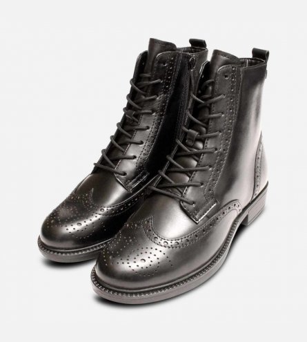 Tamaris Full Brogue Zip Ankle Boot in Black Leather