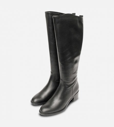 Tamaris Knee High Heeled Zip Boots in Black Leather