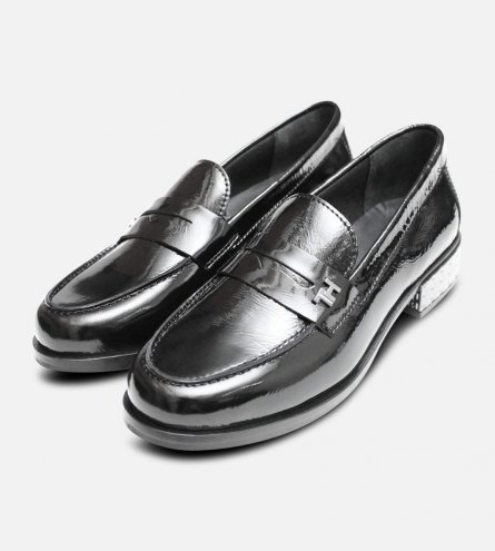 Exclusive Black Crinkle Patent Designer Tommy Hilfiger Loafers