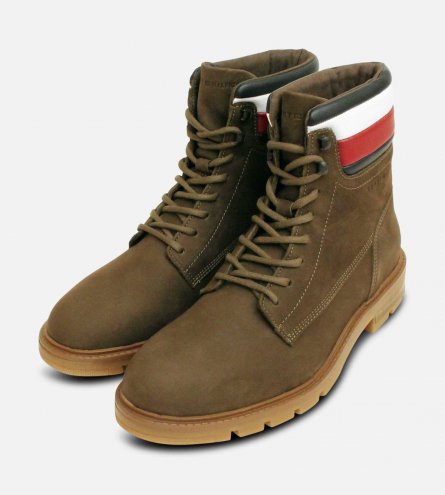 Tommy Hilfiger Khaki Green Nubuck Commander Lace Up Boots