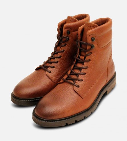 Tommy Hilfiger Cognac Brown Warm Commander Lace Up Boots