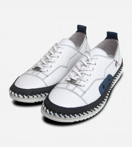 White Tumble Grain Leather Whipstitch Trainers for Men