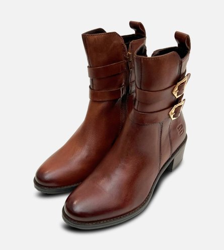 Antique Brown Leather Double Buckle Bagatt Ankle Zip Boot