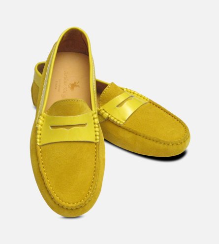 Mustard Yellow Suede & Patent Leather Designer Womens Italian Driving Shoes
