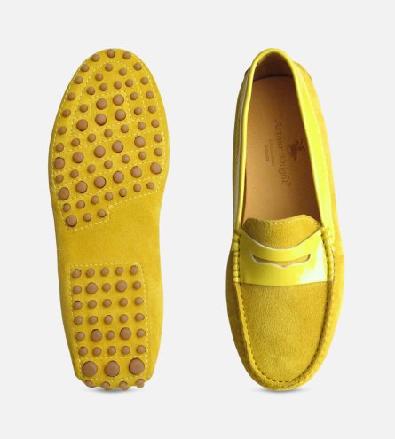 Mustard Yellow Suede & Patent Leather Designer Womens Italian Driving Shoes