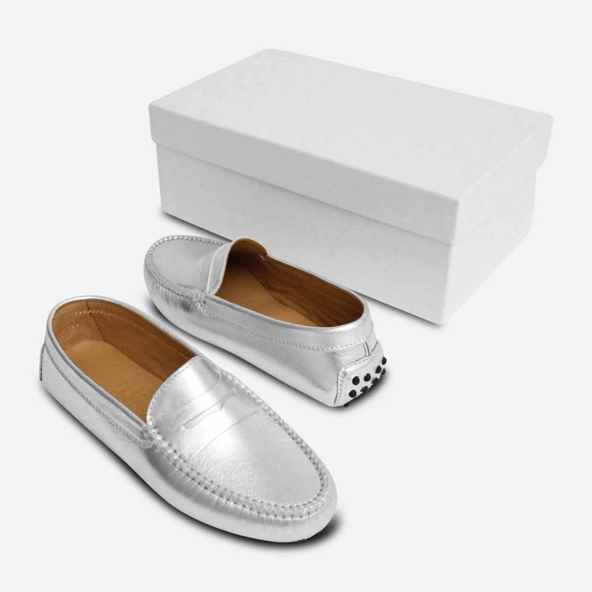 Creazioni Italian Gray Pebble-Grain Leather Driving Loafers-Silver Horsebit-Sz 9 Gucci Horsebit Loafers Black Men 9 D Slip-On Leather Snaffle  main image 2