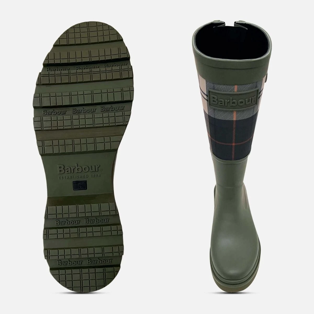 Barbour Olive Green Waterproof Platform Dena II Tartan Welly