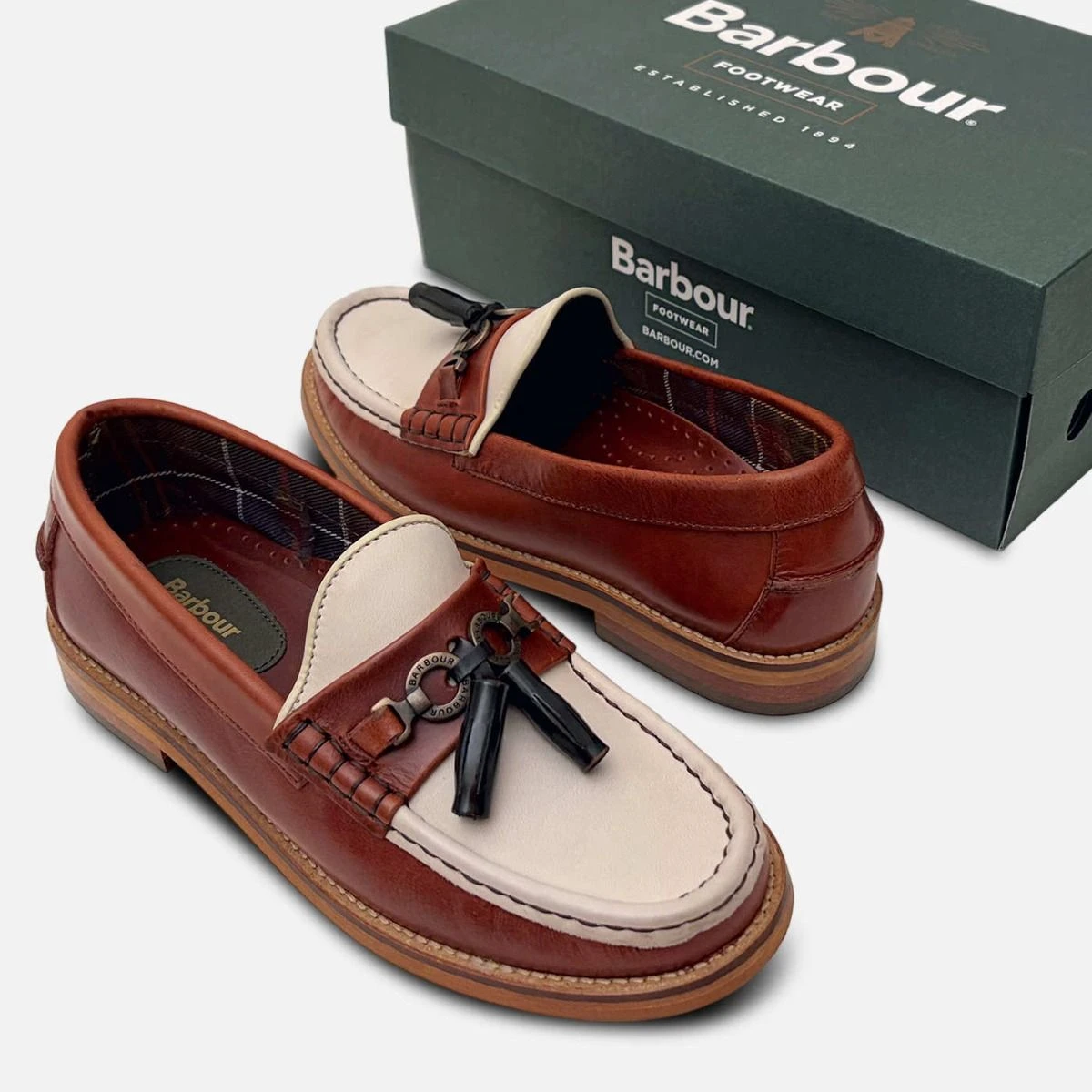 Barbour Two Tone Brown & Off White Ladies Tassel Loafers Barbour Two Tone Brown & Off White Ladies Tassel Loafers