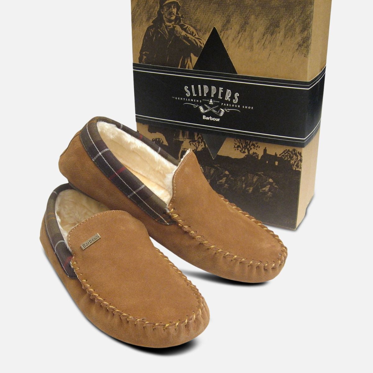 Barbour Mens Light Brown Suede Slippers Fur Lining display picture 3