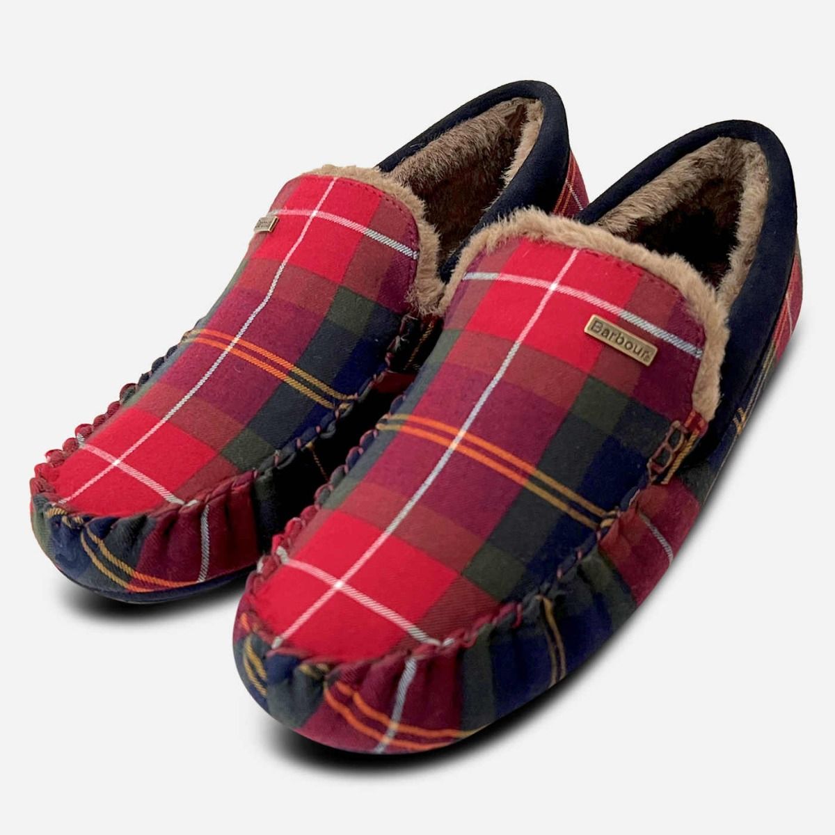Barbour Monty Shearling Lined Plaid House Shoes Moccasin Slippers Mens Size 11 Barbour Mens Red Tartan Fur Lined Slippers main image 2