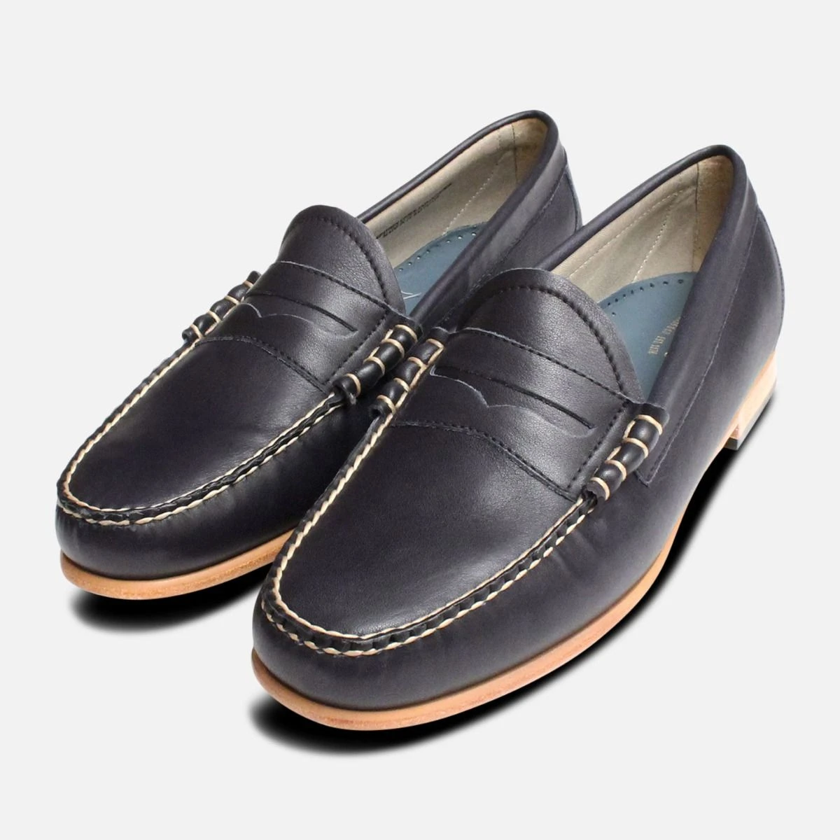 Navy Blue Bass Weejun Mens Loafers Leather Sole