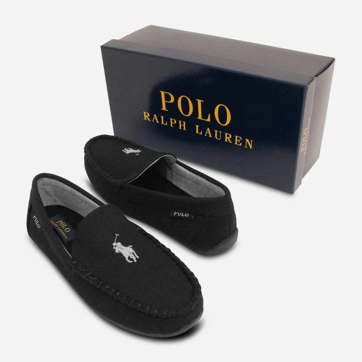 Ralph Lauren Designer Mens Black Slippers Grey Polo