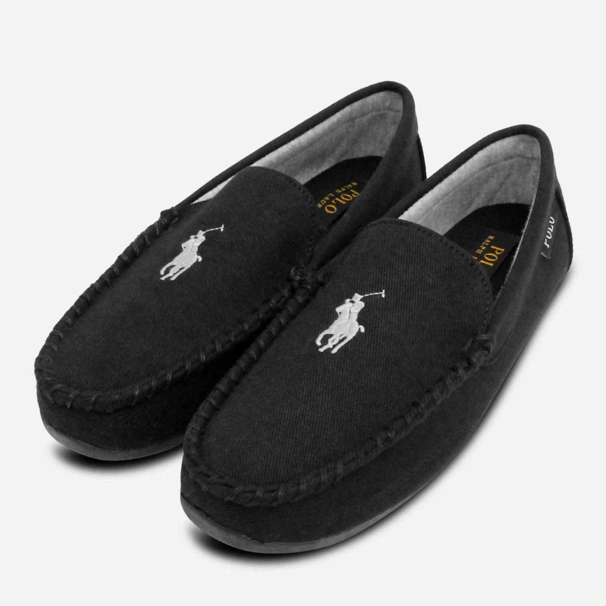 Ralph Lauren Designer Mens Black Slippers Grey Polo