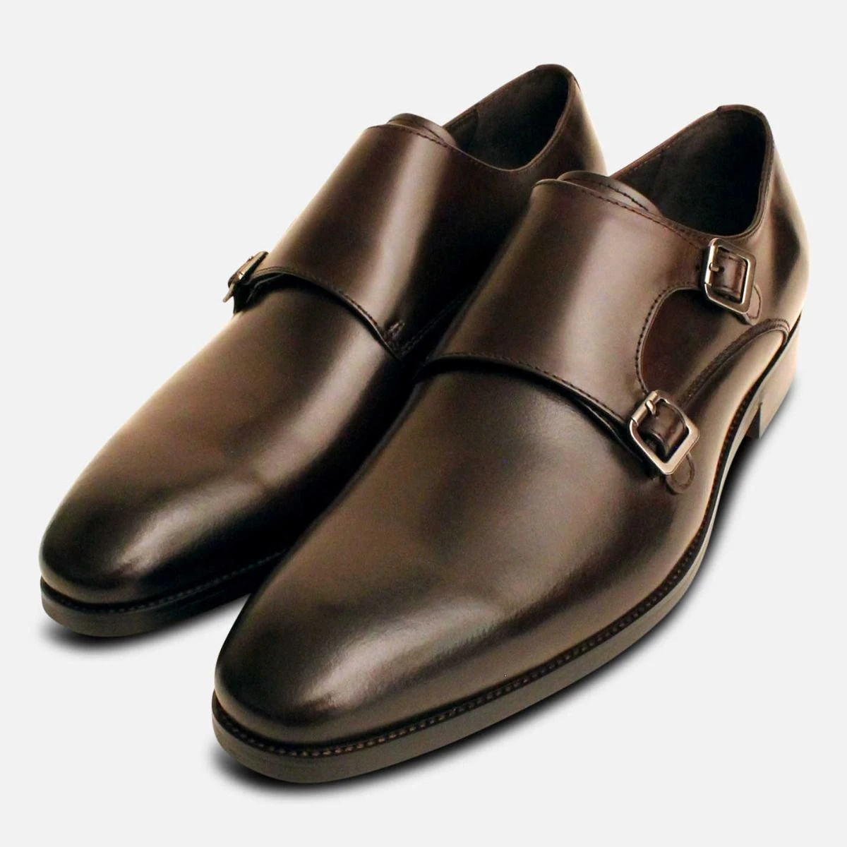 John White Double Buckle Monkstrap Shoes in Brown Leather
