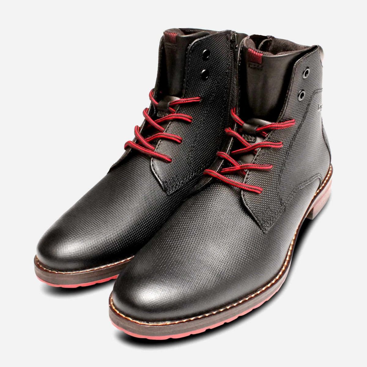 Bugatti Deisgner Mens Black & Red Lace Up Zip Boots