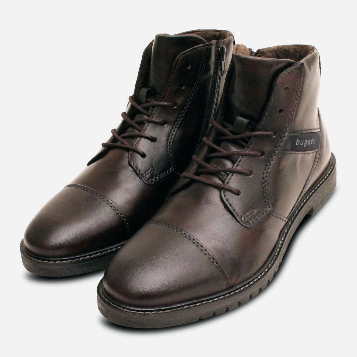 Bugatti Dark Brown Lace Up Zip Boots with Rubber Sole