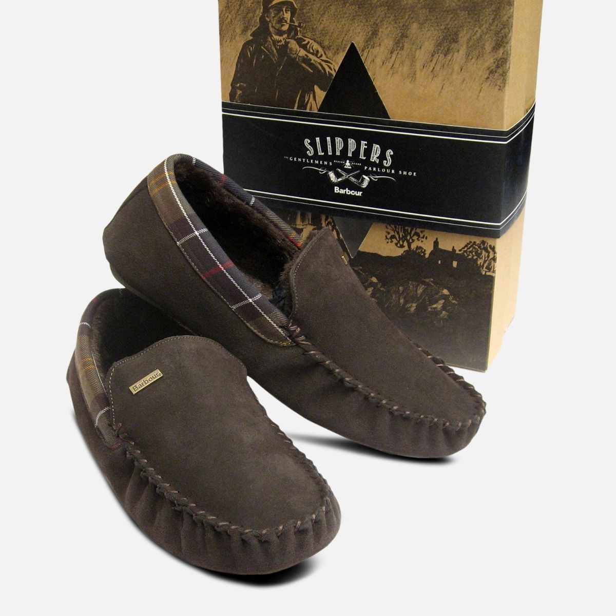 Barbour Mens Dark Brown Suede Monty Fur Slippers display picture 3
