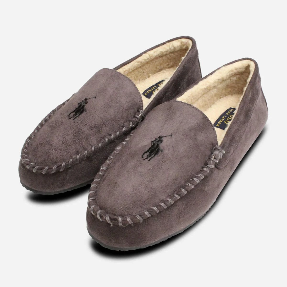 NIB Polo Ralph Lauren Men\'s Suede Moccasin Slippers GRAY SZ XL 12-13 Ralph Lauren Polo Mens Slippers in Grey with Warm Fur Lining main image 4