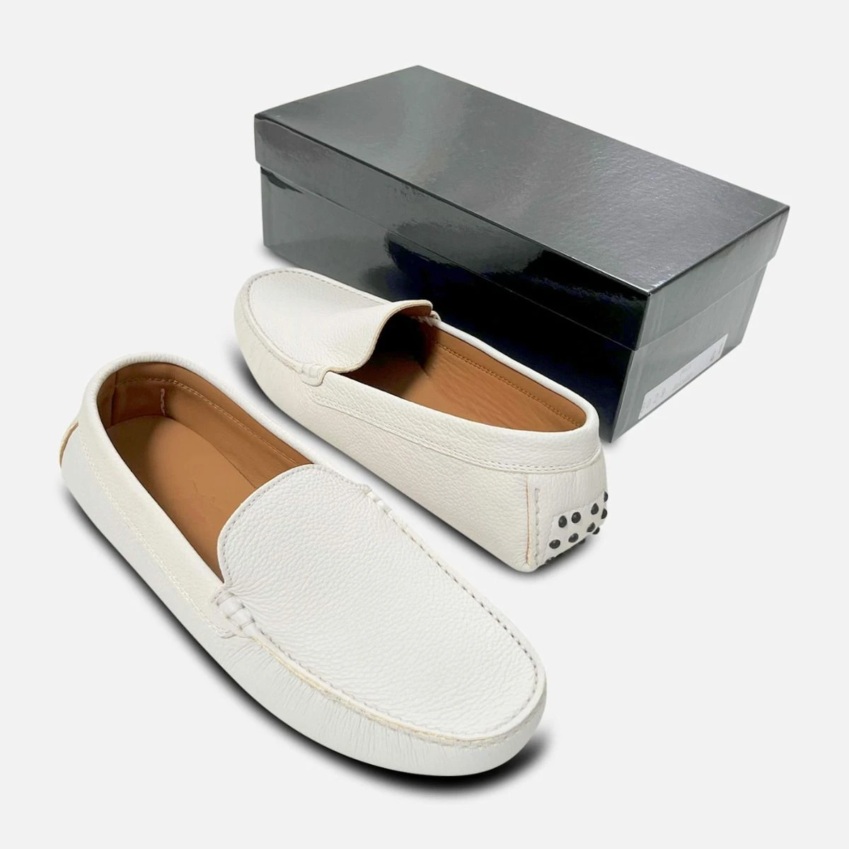 Ivory White Leather Driving Shoe Moccasins for Men display picture 3