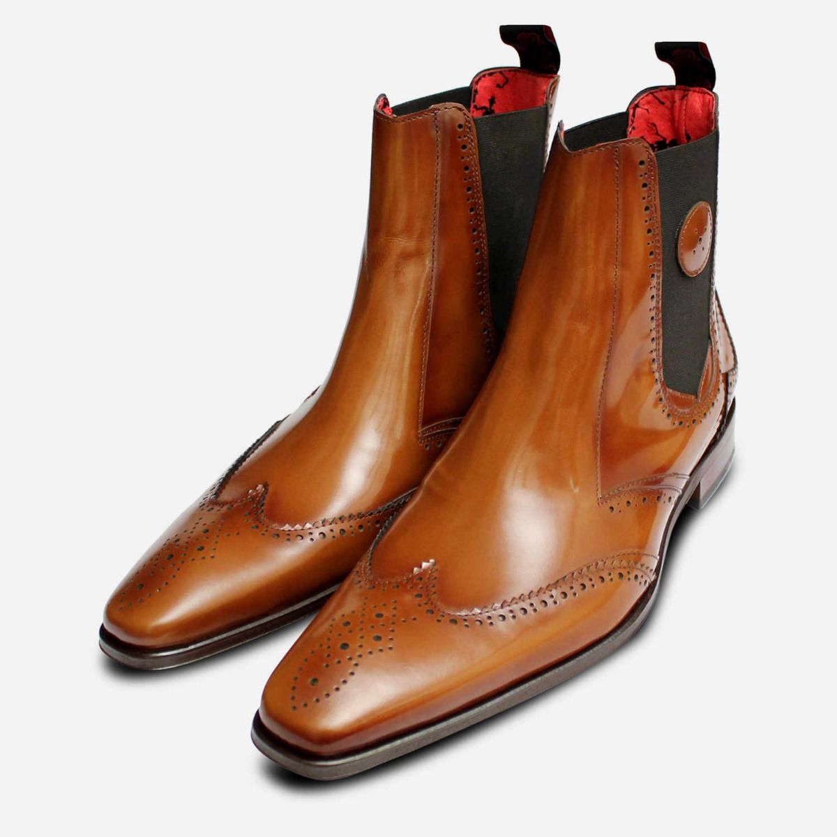 ? To boot NY Brown/Tan Brogue Chelsea Boots ? Modern Brown Leather Brogue Dress Chelsea Boots – Hollo Shoe main image 2