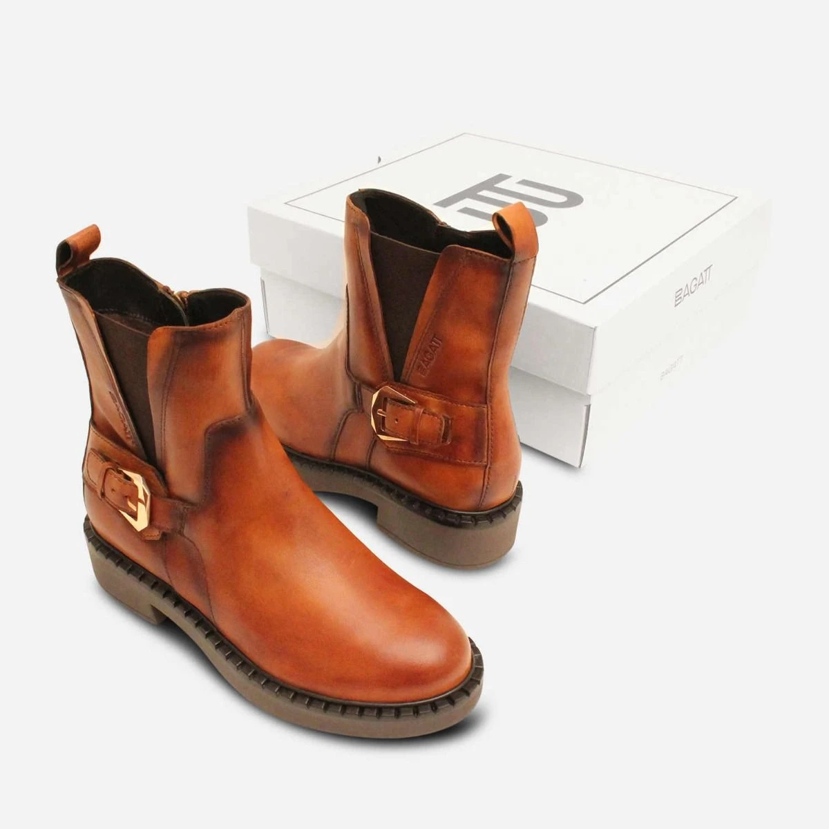 Ladies Antique Tan Bagatt Buckle Chelsea Boots With Zip display picture 2
