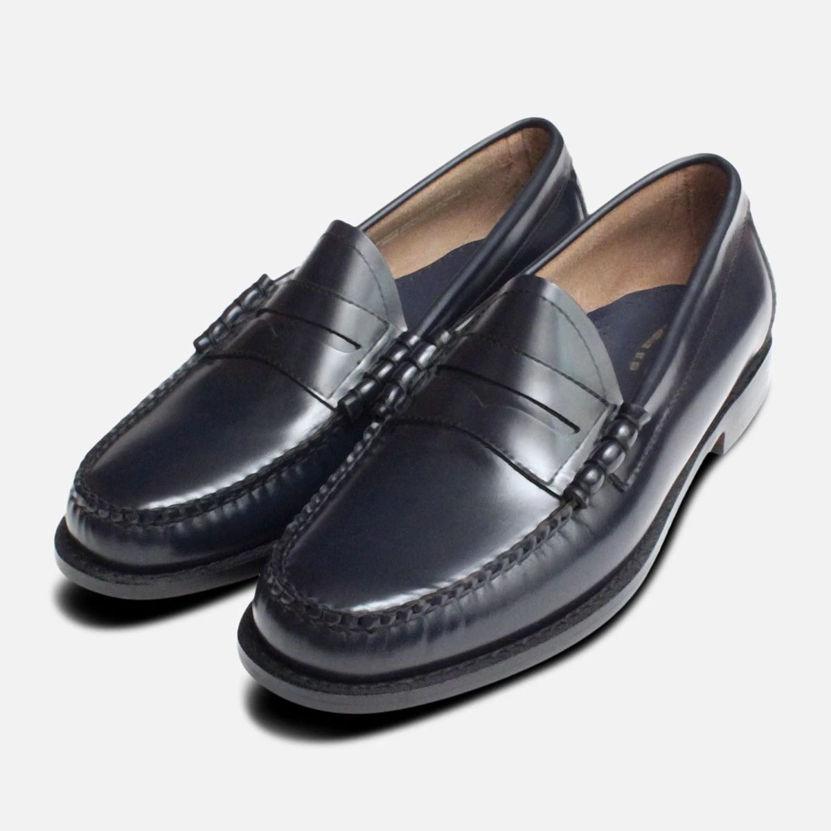 Larson Bass Penny Loafers in Navy Blue Leather display picture 2