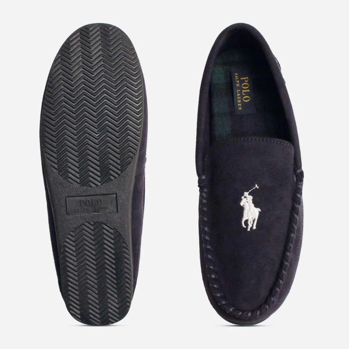 Polo Ralph Lauren declan moccasin slippers in navy and cream New Polo Ralph Lauren Declan Bear Moccasin Slippers Navy  main image 4