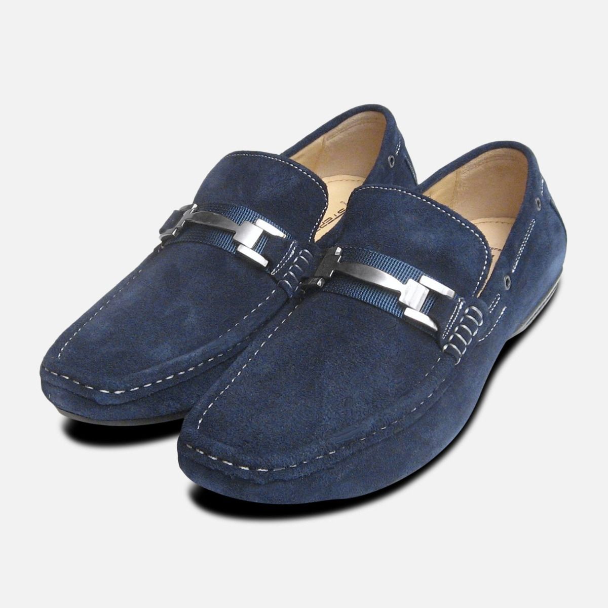 Hipster Slip On Loafers Mens 41 Navy Blue Perforated Suede Leather Shoes Men main image 2