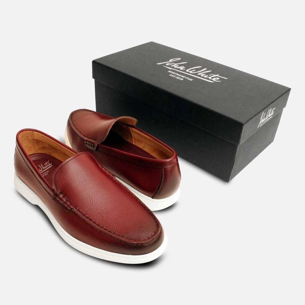John White Oxblood Leather White Rubber Sole Loafers