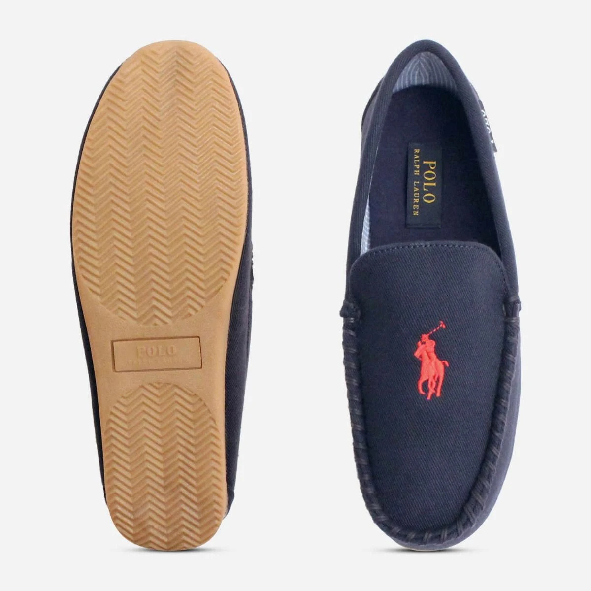 Ralph Lauren Mens Designer Blue Twill Slippers Red Polo
