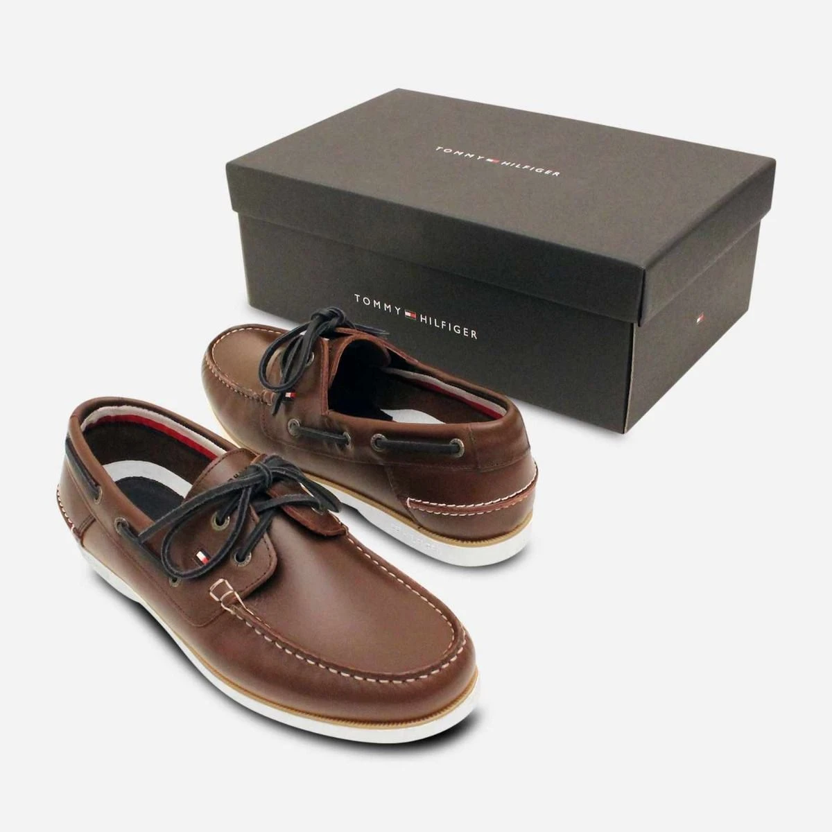Tommy Hilfiger Designer Brown Leather Boat Shoes display picture 2