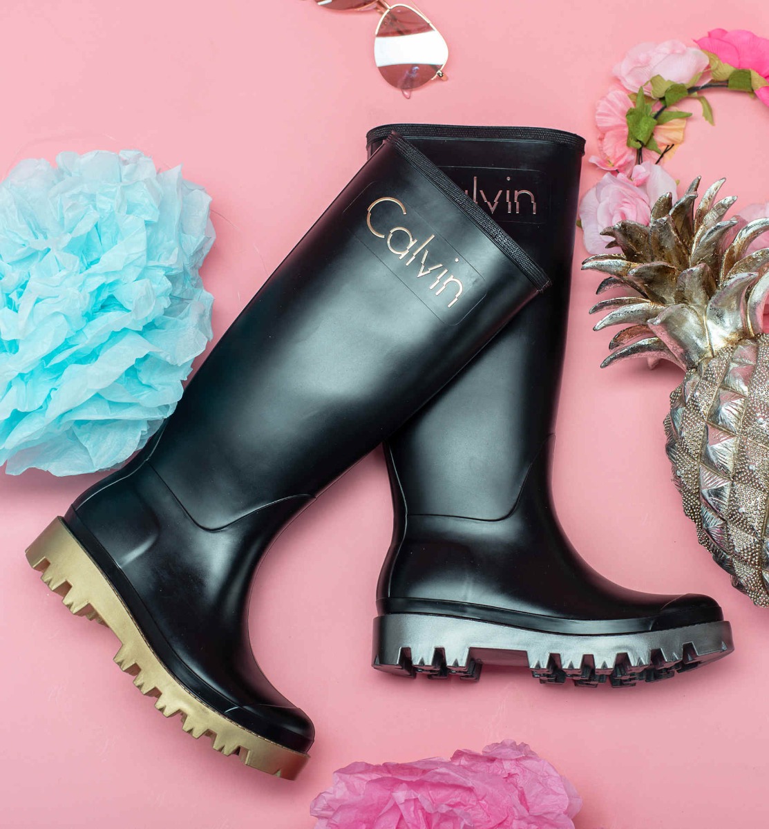 Black & Silver Calvin Klein Eliza Wellington Boots
