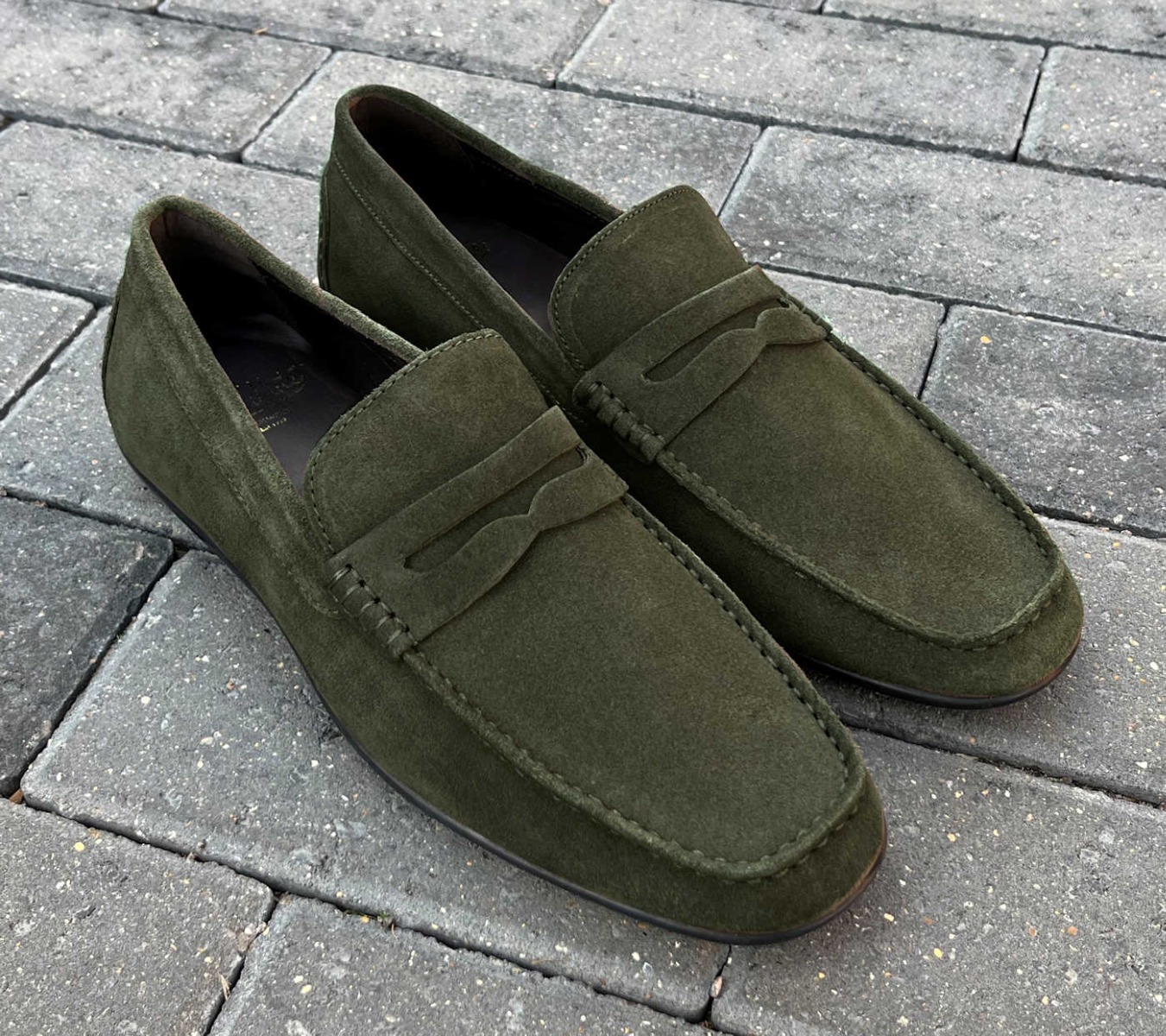John White Green Suede Driving Shoe Penny Loafers