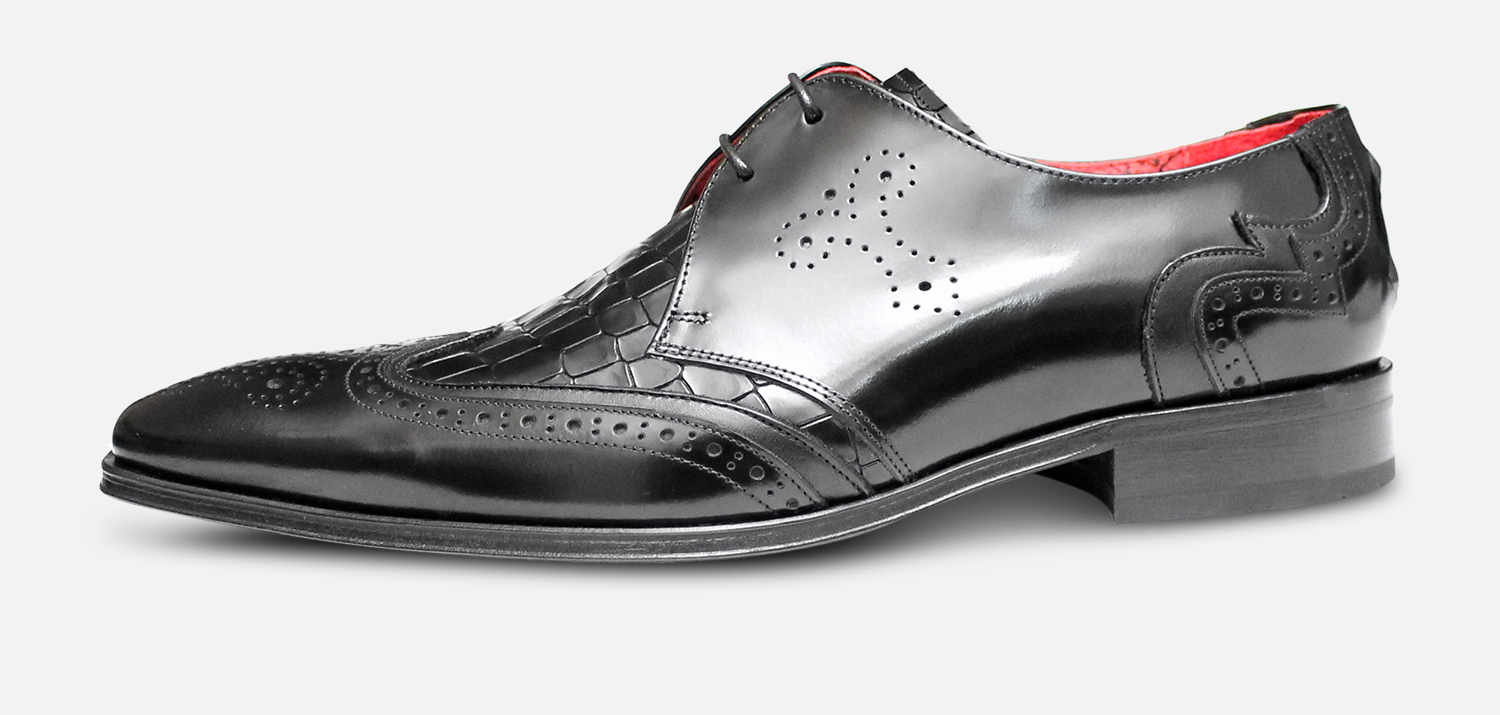 Jeffery West Crocodile Shoes in Black Polished Leather