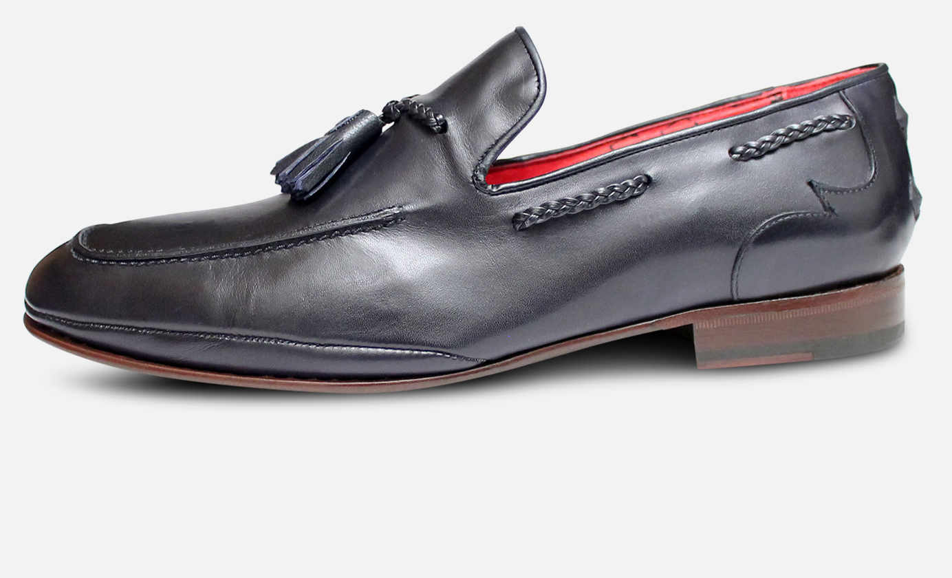 Dark Navy Jeffery West Slip On Tassel Loafers with Red Sole