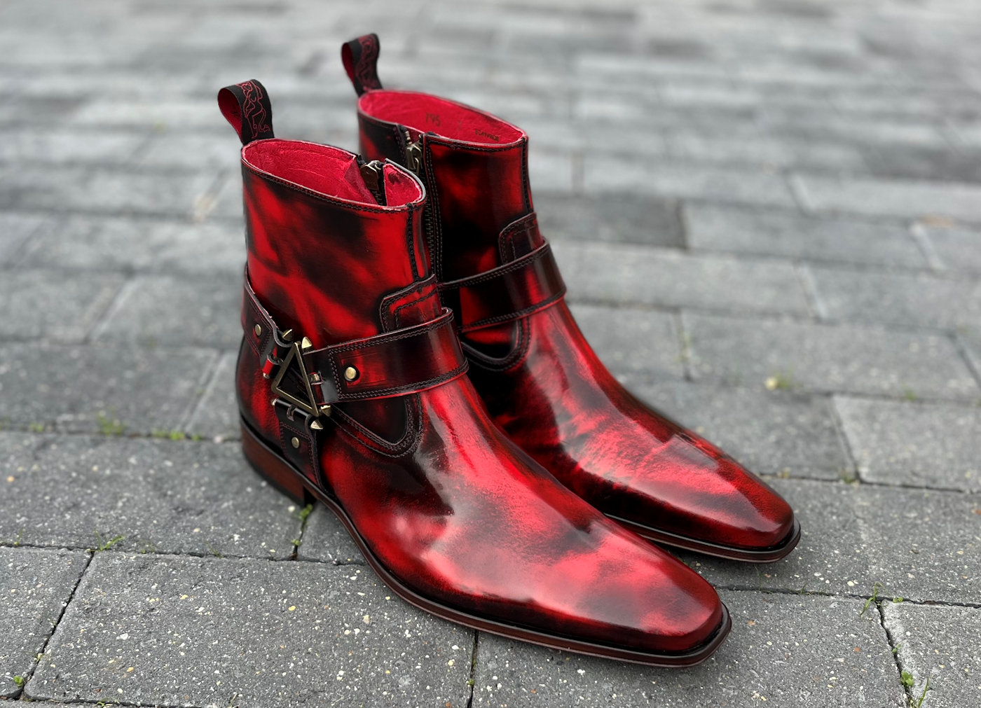 Jeffery West Red and Black Polished Harness Zip Boots