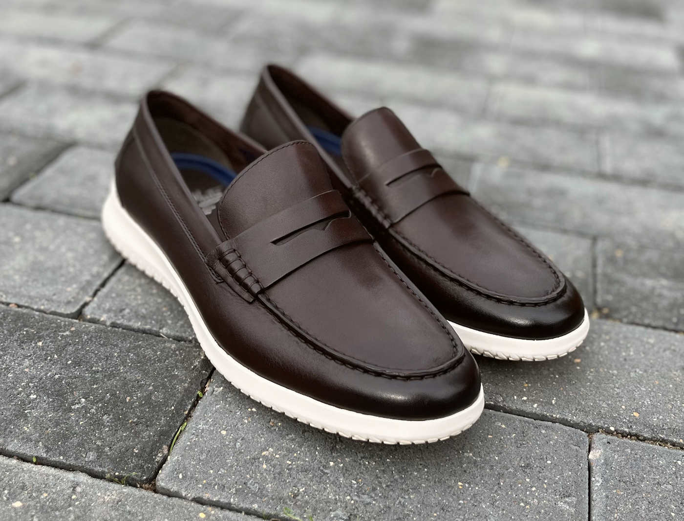 John White Brown Leather Penny Loafers with White Sole