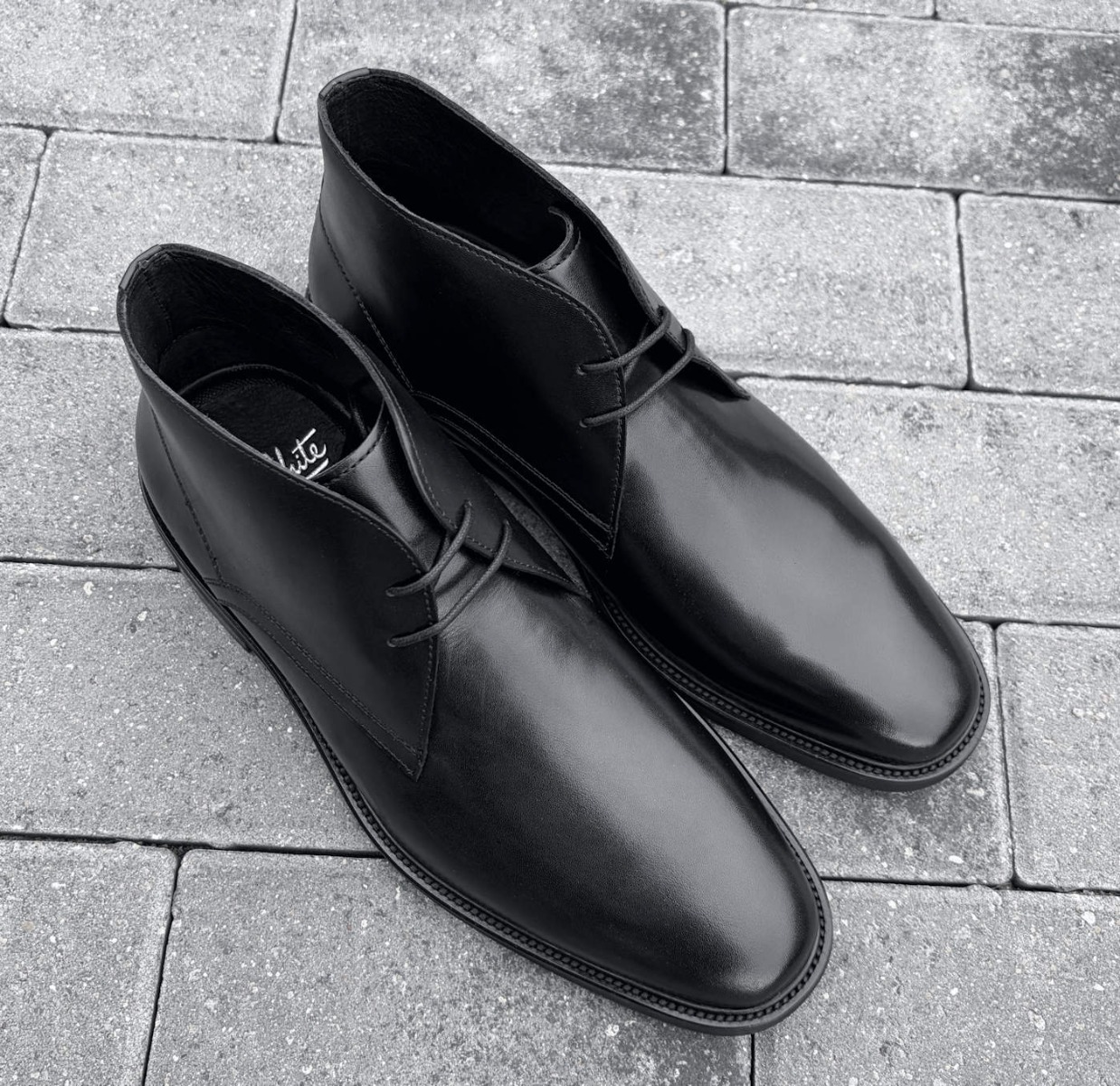 John White Premium Black Polished Rubber Sole Chukka Boots