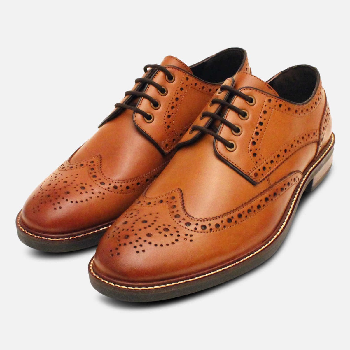 John White Wingtip Derby Brogue in Tan Leather Rubber Sole display picture 2