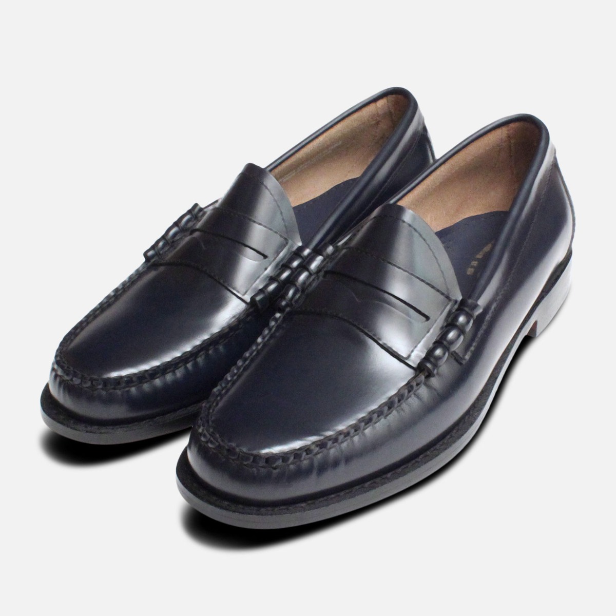 Larson Bass Penny Loafers in Navy Blue Leather display picture 1