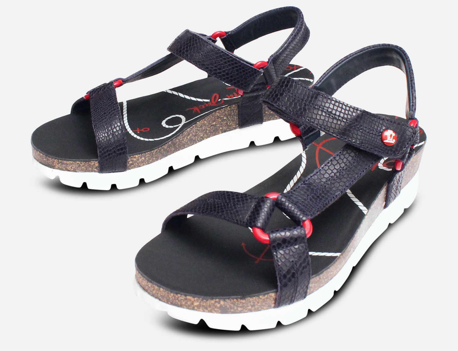 Panama Jack Ladies Navy Blue & Red Snakeskin Leather Sandals